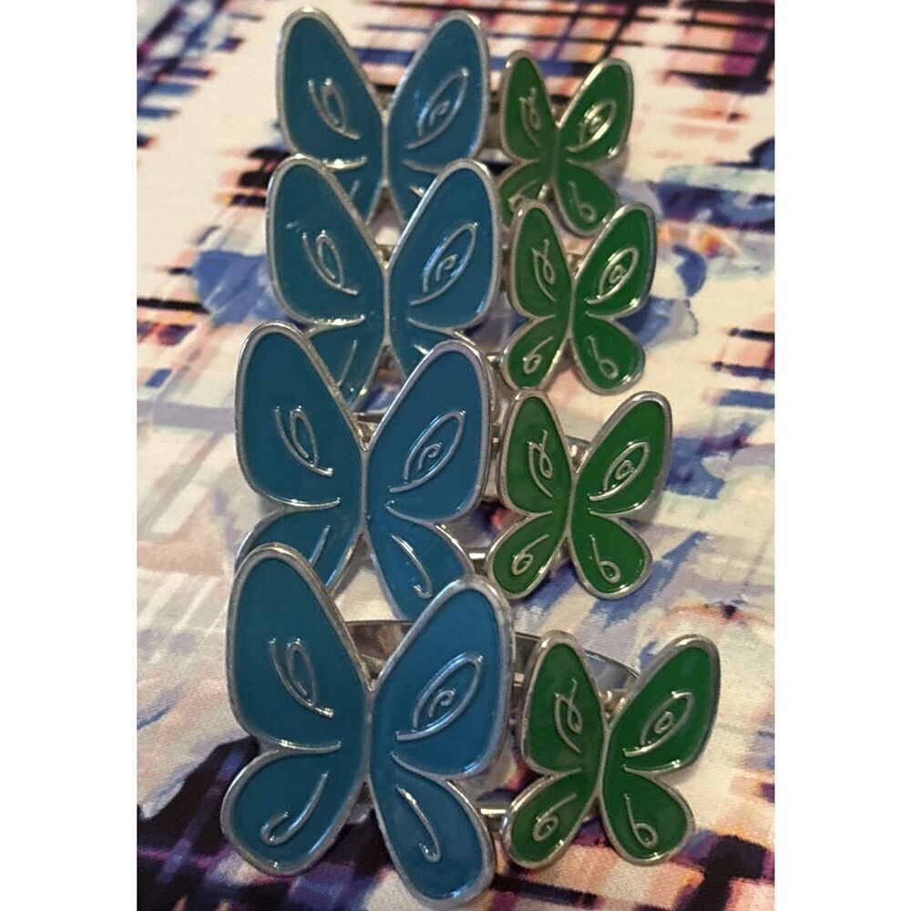 Set Of 4 Enamel Blue/Green Butterfly Napkin Rings Holder Silver Metal